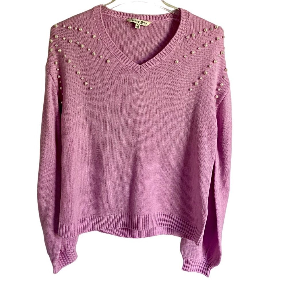 Heritage Charm Pull Over Purple Sweater Embellished Faux Pearls Petite Small